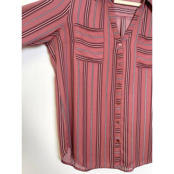 Womens Fall XL Button Front Striped Blouse Pink and Black Casual Workwear Flowy - Picture 4 of 9